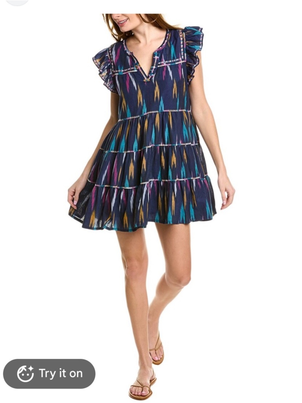 Roller Rabbit Navy Ikat Tiered Flutter Cotton Mini Dress boho sz small